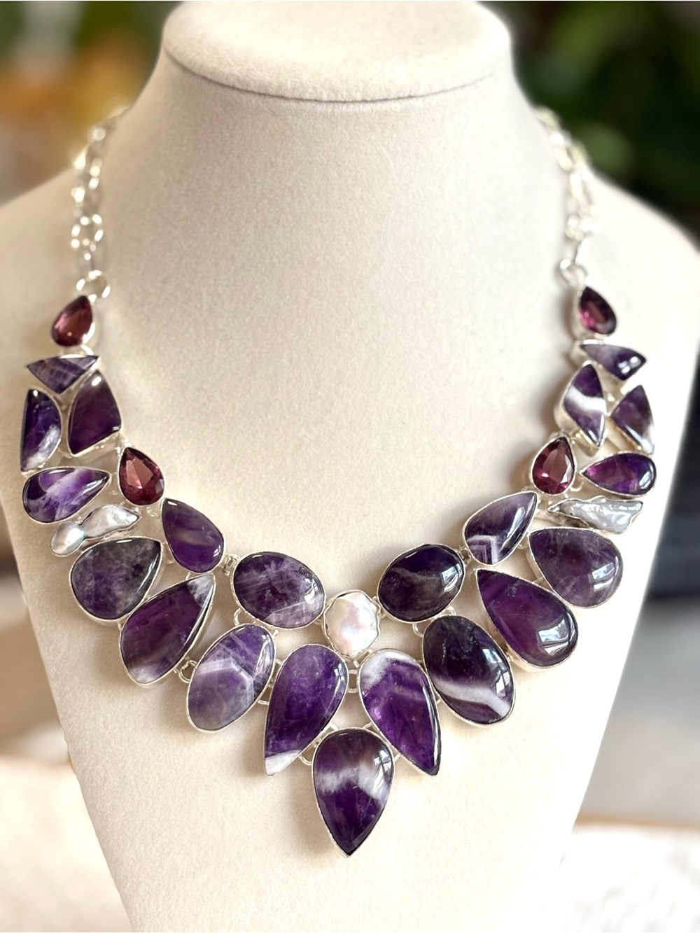 Handcrafted Silver Amethyst Statement Necklace